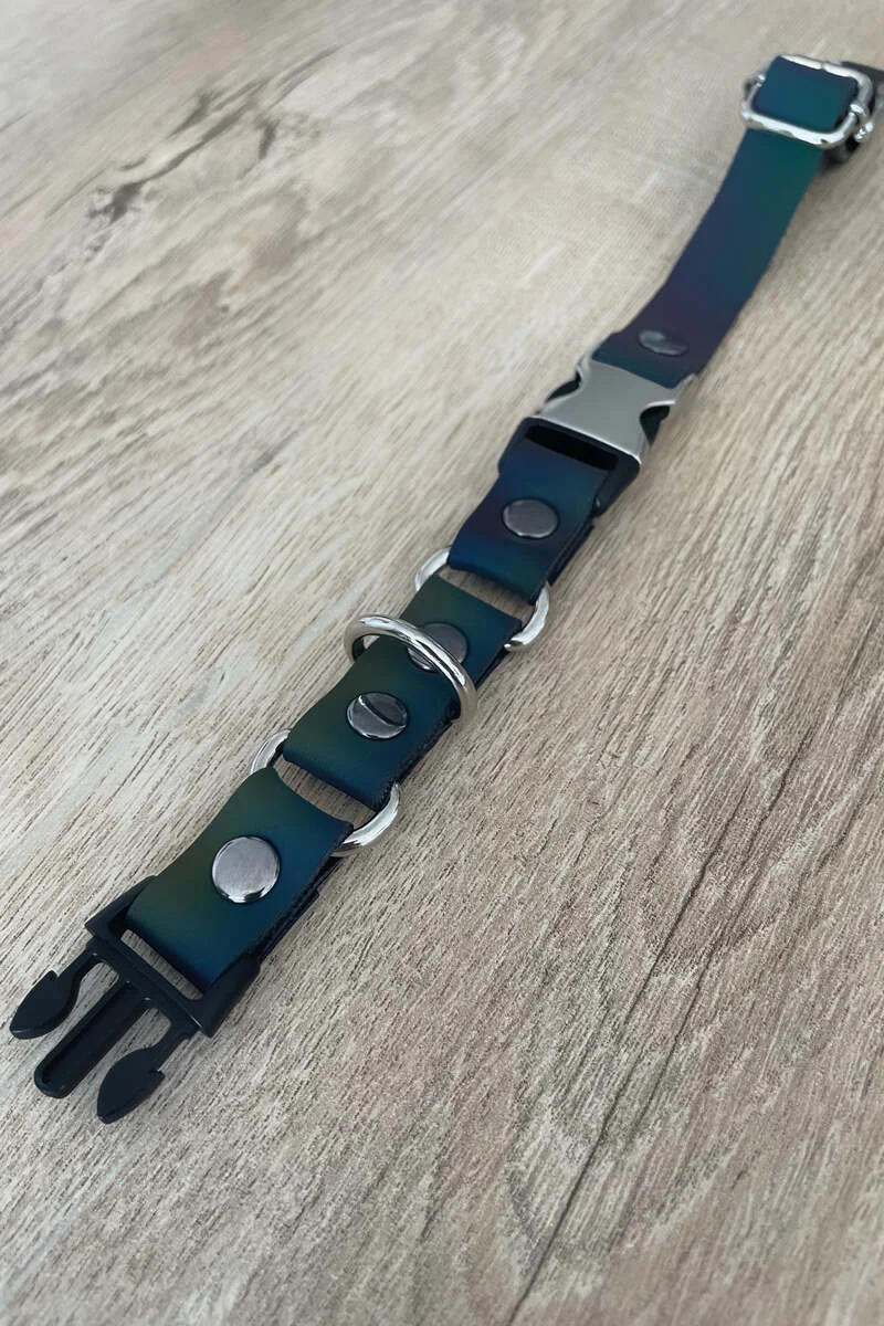 Festival Choker Set Flat Lay with Matching Wristband in Teal and Silver Hardware on Wooden Surface