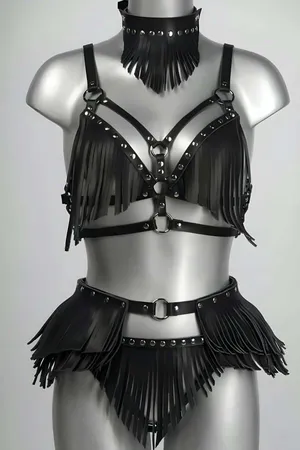 Black Fringed Faux Leather Bustier Harness Set with Studded Skirt and Choker