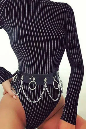 Black faux leather waist harness belt with silver O-rings and draped chains