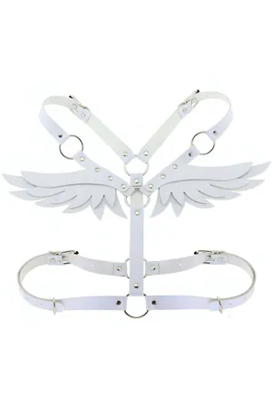 White faux leather angel wing body harness with adjustable straps