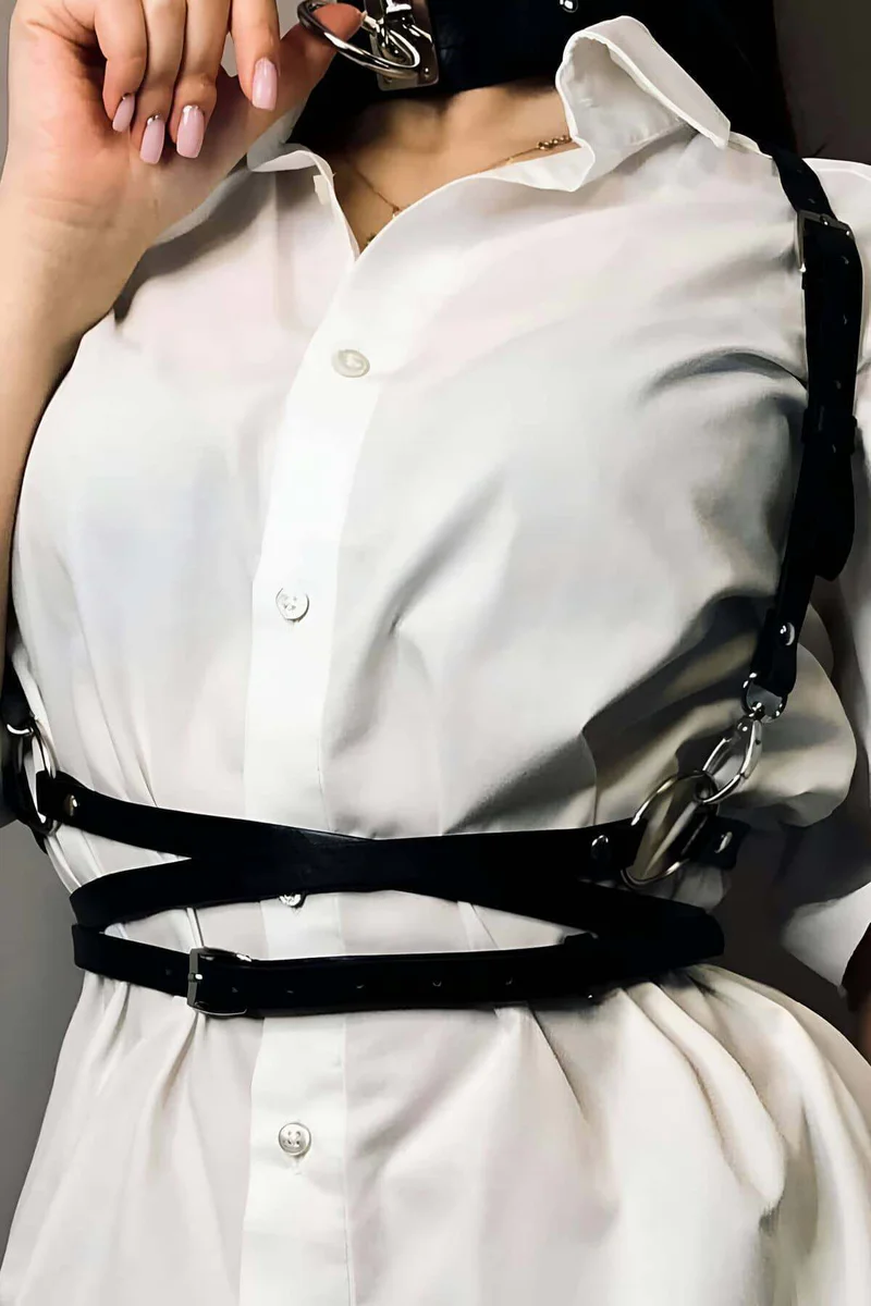 Siyah suni deri kemer choker