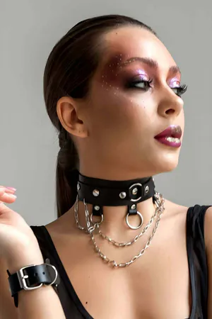 Black Faux Leather Choker Necklace with Studs O-Ring and Chains
