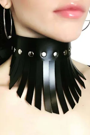 Black Faux Leather Fringe Collar Choker with Silver Rivets