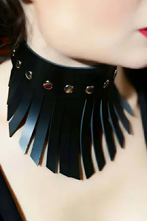 Black Faux Leather Fringe Collar Choker with Silver Rivets