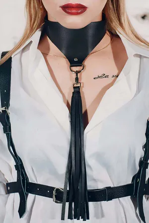 Black Vegan Leather Choker Harness with Long Tassel and Waist Belt