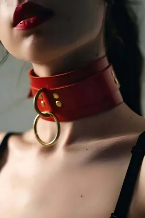 Red Faux Leather Wide Choker Collar with Gold O-Ring