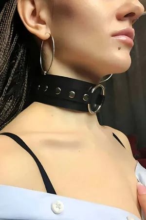 Black Faux Leather Wide Choker Collar with Silver O-Ring Adjustable Snaps
