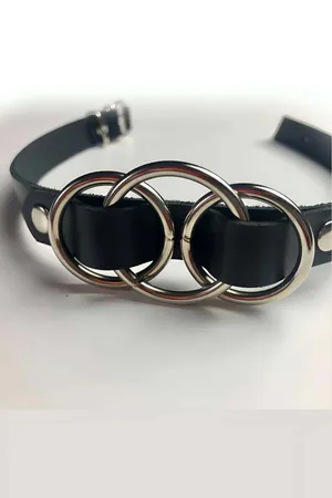 Black Faux Leather Choker with Three Interlocking Silver Rings