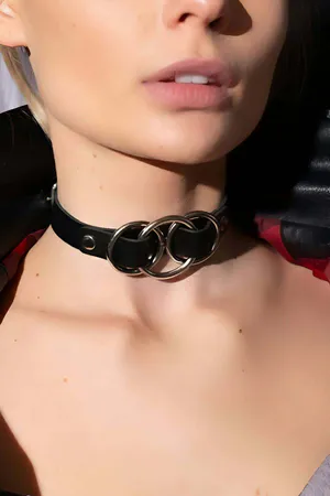 Black Faux Leather Choker with Three Interlocking Silver Rings