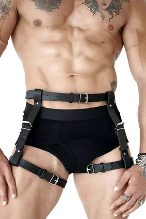Black Faux Leather Adjustable Body Harness with Thigh Straps