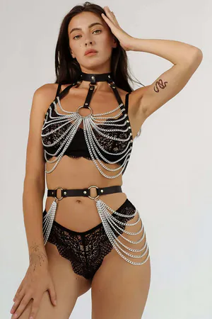 Black Vegan Leather Harness Set with Silver Chain Fringe and Choker