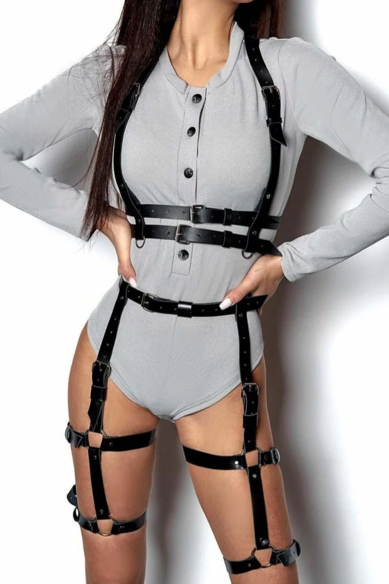 Black Faux Leather Full Body Harness with Layered Straps and Buckles