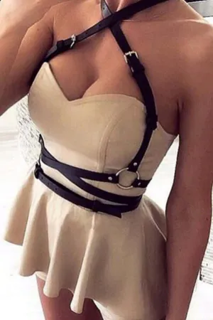 Siyah deri vücut harness kadın ayarlanabilir askılı