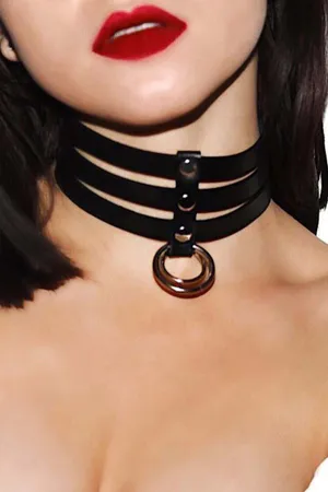 Black faux leather triple strap O-ring choker necklace on model