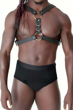 Black Faux Leather Men's Chest Harness with Three Silver O-Rings Adjustable Straps