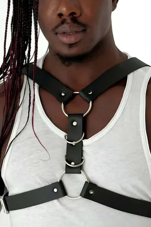 Black Faux Leather Men's Chest Harness with Three Silver O-Rings Adjustable Straps