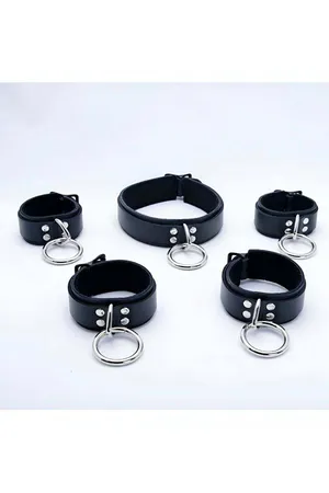 Black Faux Leather Collar and Cuff Harness Set Silver O-Rings