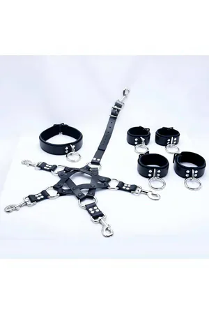Black Faux Leather Collar and Cuff Harness Set Silver O-Rings