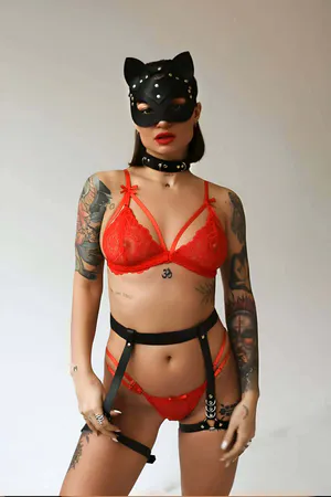 Black Faux Leather Cat Mask Studded Choker Garter Harness Set Front View
