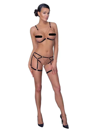 Black Harness Bra and Garter Set Gold Chains Elastic Straps