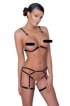 Black Harness Bra and Garter Set Gold Chains Elastic Straps