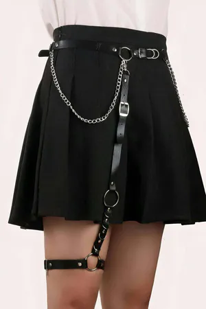 Black Faux Leather Waist Harness Belt with Detachable Thigh Garter and Silver Chains