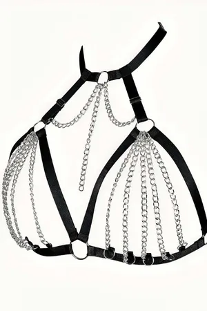 Black elastic body harness with silver chain accents and O-ring details