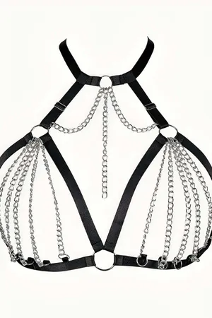 Black elastic body harness with silver chain accents and O-ring details