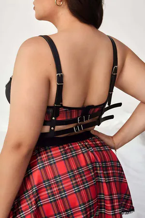 Black Faux Leather Chest Harness with Layered Silver Chains