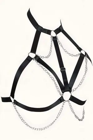 Black faux leather body harness with silver chains and O-rings