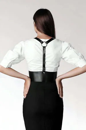 Black Faux Leather Lace-Up Waist Harness Women Adjustable Shoulder Straps