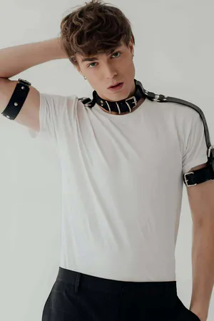 Black Faux Leather Choker and Shoulder Harness Set with Buckles