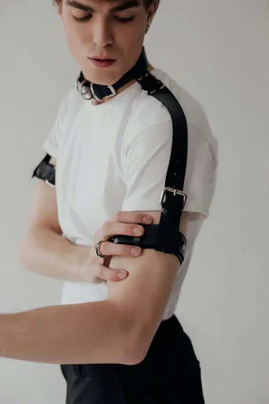 Black Faux Leather Choker and Shoulder Harness Set with Buckles