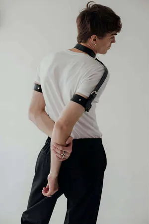 Black Faux Leather Choker and Shoulder Harness Set with Buckles