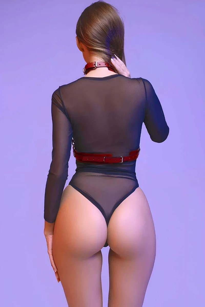 Red Vegan Leather Chest Harness Styled Over She
