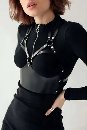 Black Faux Leather Bustier Body Harness Women with Silver O-Rings