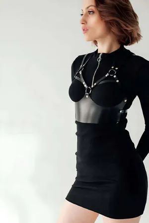 Black Faux Leather Bustier Body Harness Women with Silver O-Rings