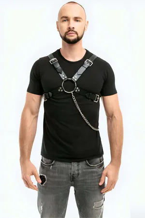 Black Faux Leather Chest Harness Men Adjustable Straps Silver O-Ring Chain