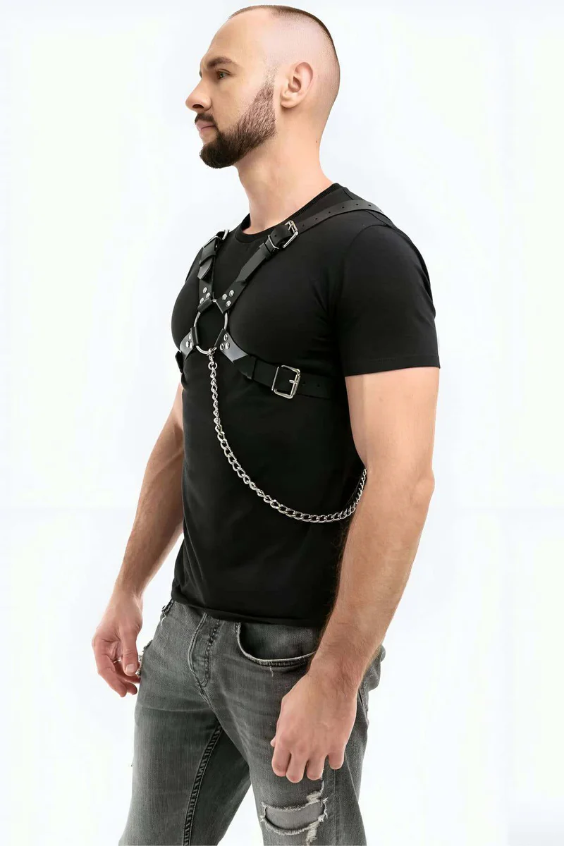 Men's Chest Harness Front View Black Faux Leather Cross-Straps with Detachable O-Ring Chain