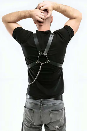 Black Faux Leather Chest Harness Men Adjustable Straps Silver O-Ring Chain