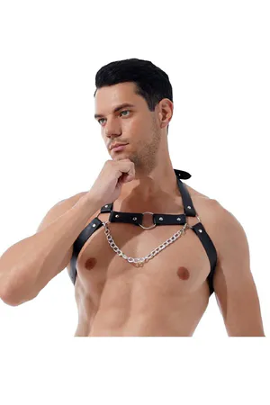 Black Faux Leather Chest Harness with Silver O-Ring and Chain Detail