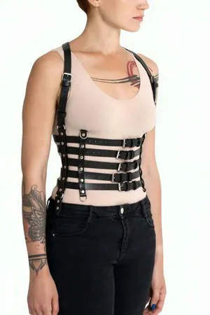 Black Faux Leather Cage Harness Women Adjustable Five Belts