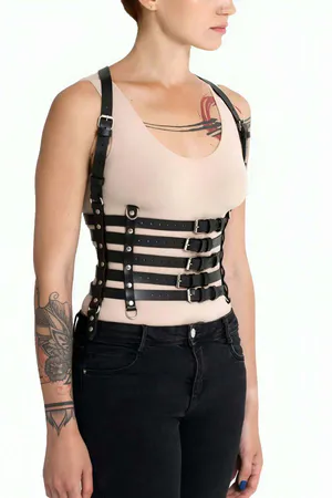 Black Faux Leather Cage Harness Women Adjustable Five Belts