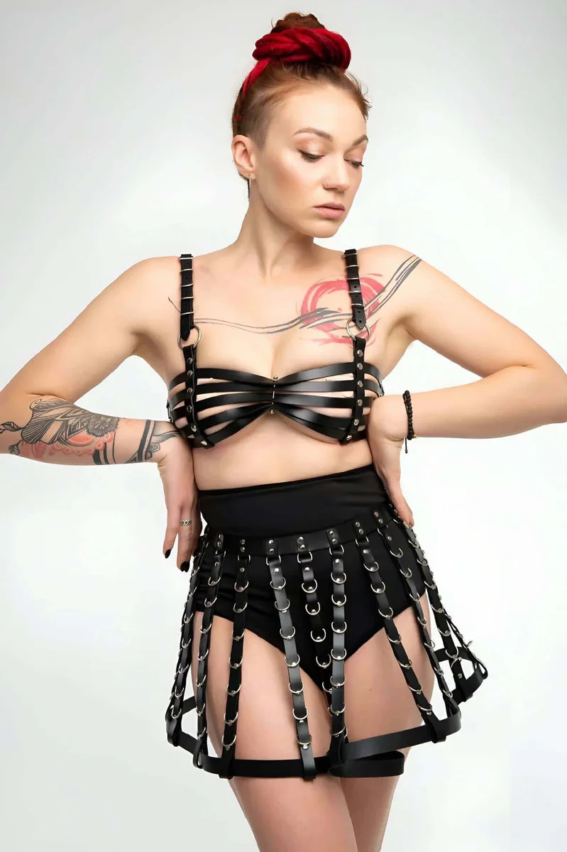 Black Faux Leather Body Cage Bra and