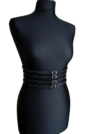 Black Vegan Leather Four-Strap Waspie Belt with Silver Buckles