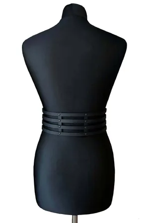 Black Vegan Leather Four-Strap Waspie Belt with Silver Buckles