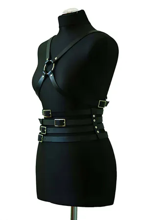 Black Faux Leather Full Body Harness with Multi-Buckle Waist and Silver O-Ring Chest Detail