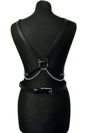 Black Faux Leather Full Body Harness Women Adjustable Straps Silver Hardware
