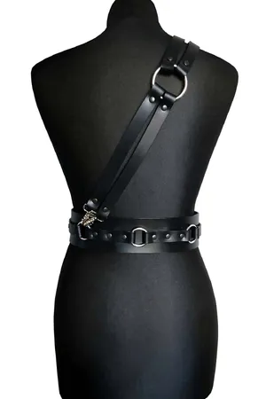 Black Faux Leather Shoulder Harness Belt with Silver O-Rings