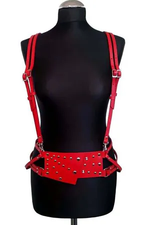 Red Faux Leather Studded Body Harness with Adjustable Straps Silver Buckles